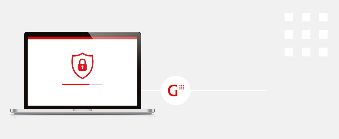 Grafismo con portatil mostrando un escudo de seguidad en el centro de la pantalla